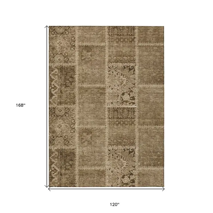 10' X 14' Brown And Beige Patchwork Washable Indoor Outdoor Area Rug
