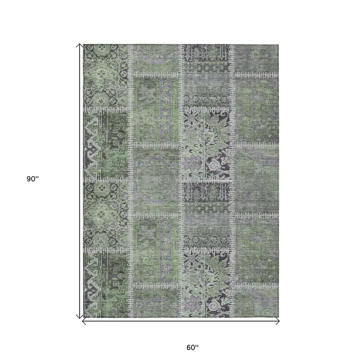 5' X 8' Green And Charcoal Patchwork Washable Indoor Outdoor Area Rug