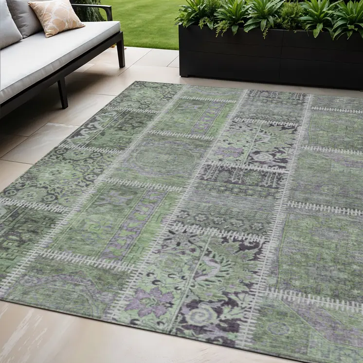 5' X 8' Green And Charcoal Patchwork Washable Indoor Outdoor Area Rug