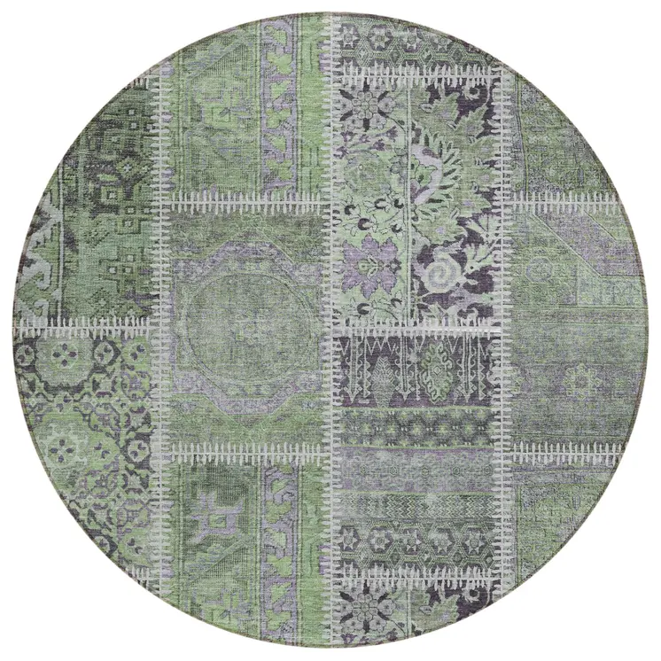 8' Green And Charcoal Round Patchwork Washable Indoor Outdoor Area Rug