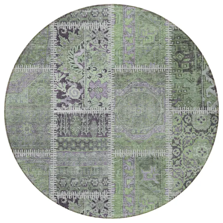 8' Green And Charcoal Round Patchwork Washable Indoor Outdoor Area Rug