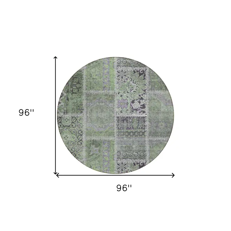 8' Green And Charcoal Round Patchwork Washable Indoor Outdoor Area Rug