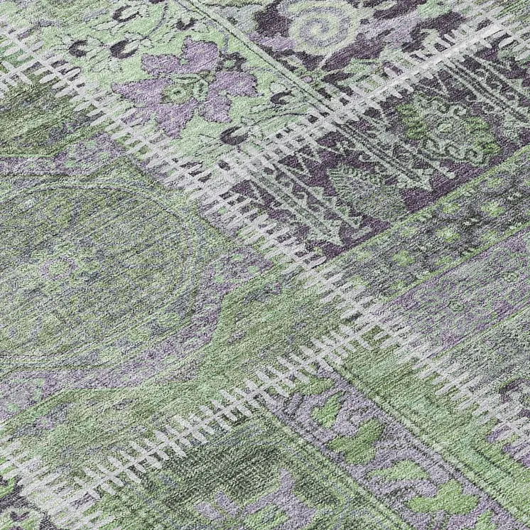 8' Green And Charcoal Round Patchwork Washable Indoor Outdoor Area Rug
