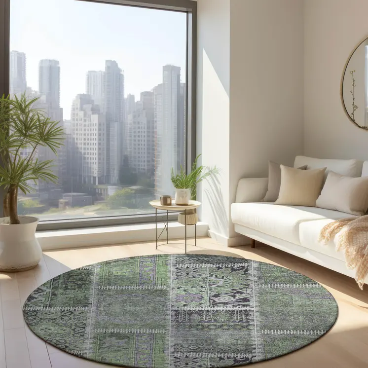 8' Green And Charcoal Round Patchwork Washable Indoor Outdoor Area Rug