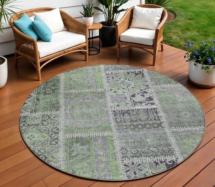 8' Green And Charcoal Round Patchwork Washable Indoor Outdoor Area Rug