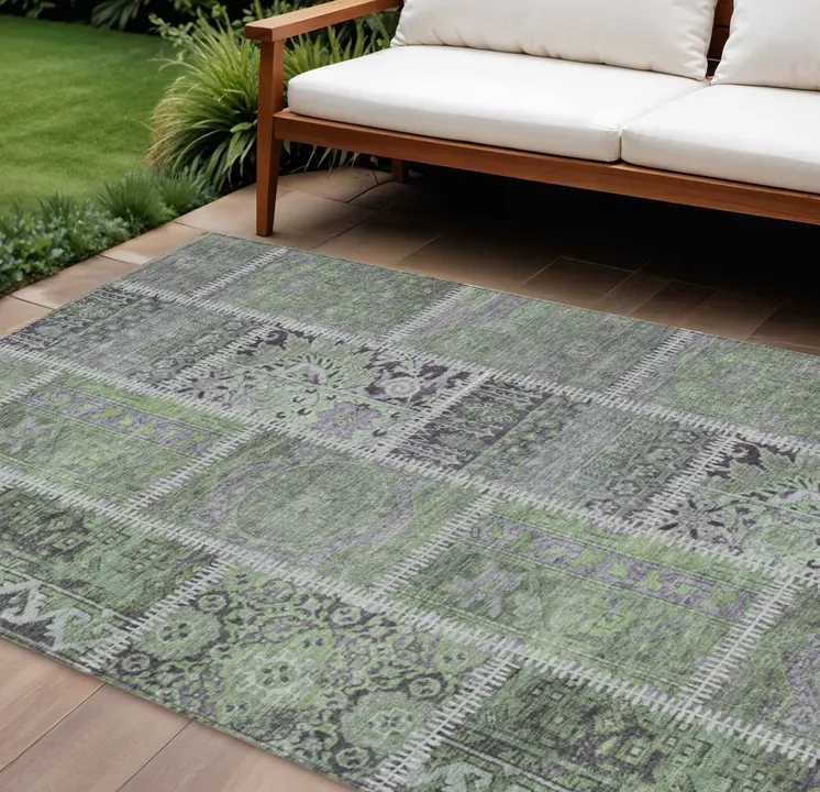 8' X 10' Green And Charcoal Patchwork Washable Indoor Outdoor Area Rug