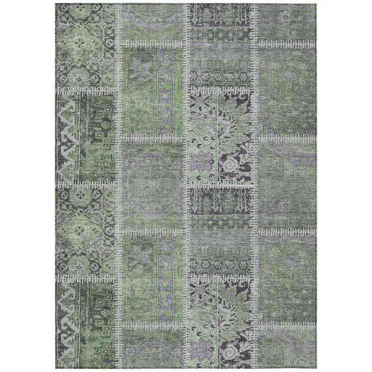 8' X 10' Green And Charcoal Patchwork Washable Indoor Outdoor Area Rug
