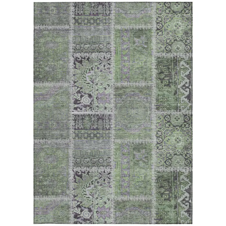 8' X 10' Green And Charcoal Patchwork Washable Indoor Outdoor Area Rug