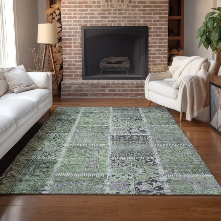 8' X 10' Green And Charcoal Patchwork Washable Indoor Outdoor Area Rug