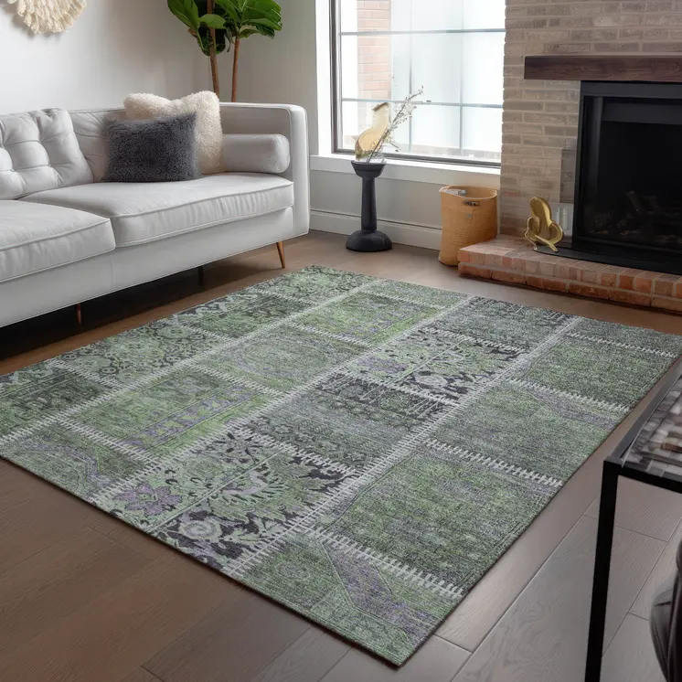 8' X 10' Green And Charcoal Patchwork Washable Indoor Outdoor Area Rug