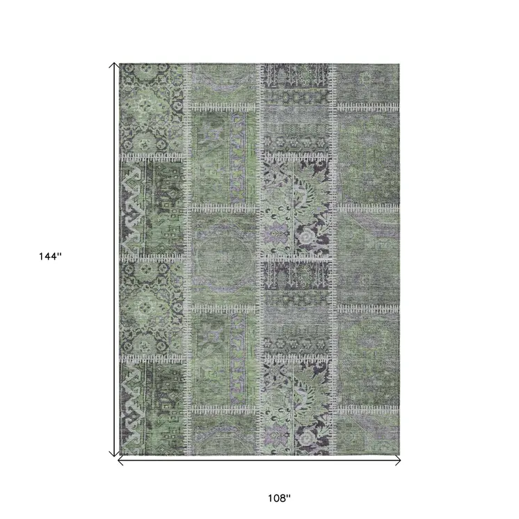 9' X 12' Green And Charcoal Patchwork Washable Indoor Outdoor Area Rug