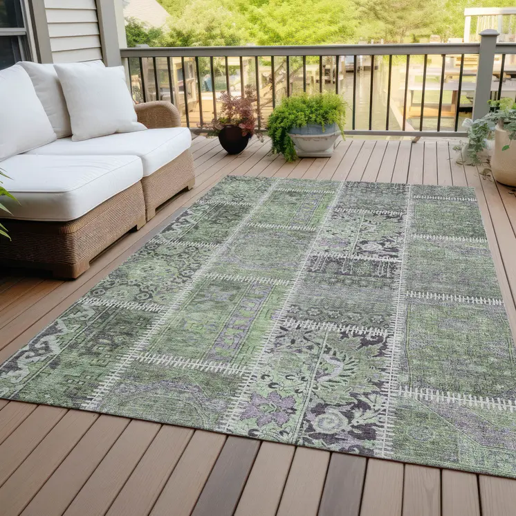 9' X 12' Green And Charcoal Patchwork Washable Indoor Outdoor Area Rug