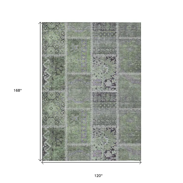10' X 14' Green And Charcoal Patchwork Washable Indoor Outdoor Area Rug