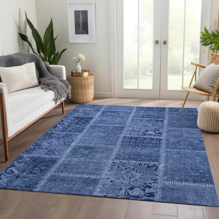 3' X 5' Navy Blue And Denim Blue Patchwork Washable Indoor Outdoor Area Rug