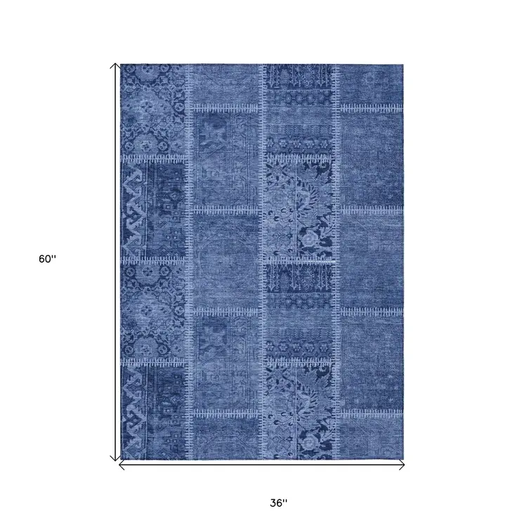 3' X 5' Navy Blue And Denim Blue Patchwork Washable Indoor Outdoor Area Rug