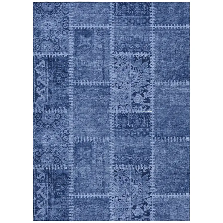 5' X 8' Navy Blue And Denim Blue Patchwork Washable Indoor Outdoor Area Rug