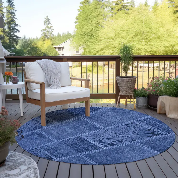 8' Navy Blue And Denim Blue Round Patchwork Washable Indoor Outdoor Area Rug