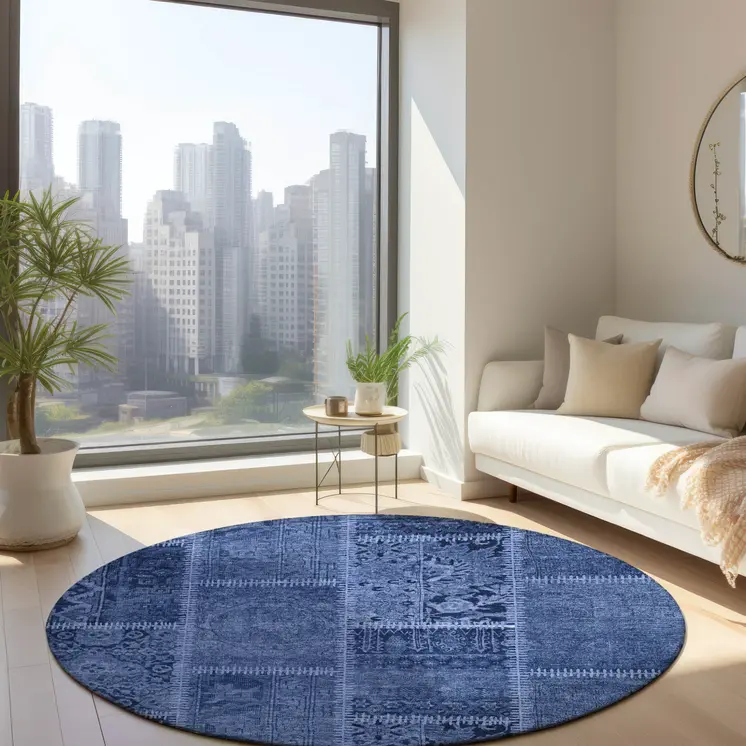 8' Navy Blue And Denim Blue Round Patchwork Washable Indoor Outdoor Area Rug