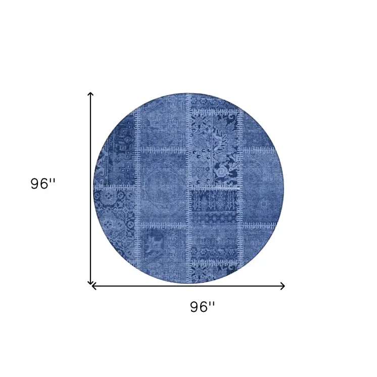 8' Navy Blue And Denim Blue Round Patchwork Washable Indoor Outdoor Area Rug