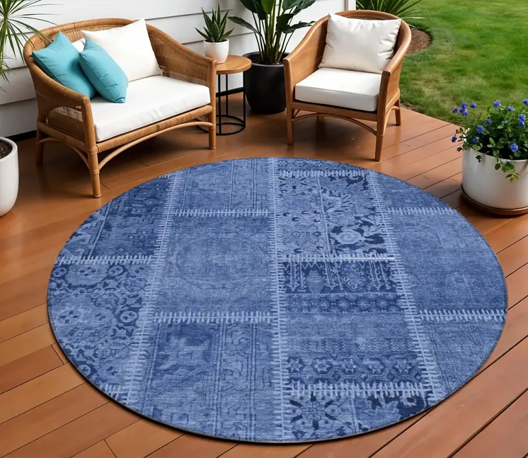 8' Navy Blue And Denim Blue Round Patchwork Washable Indoor Outdoor Area Rug