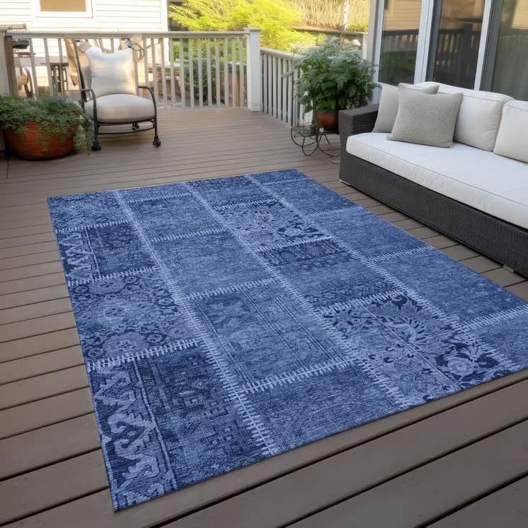 8' X 10' Navy Blue And Denim Blue Patchwork Washable Indoor Outdoor Area Rug