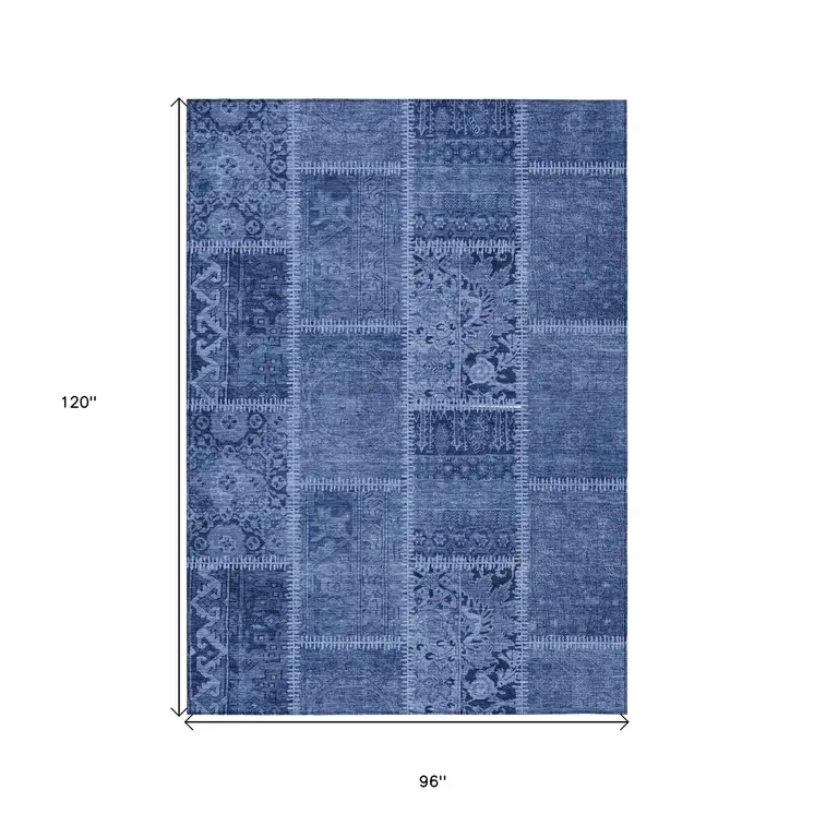 8' X 10' Navy Blue And Denim Blue Patchwork Washable Indoor Outdoor Area Rug