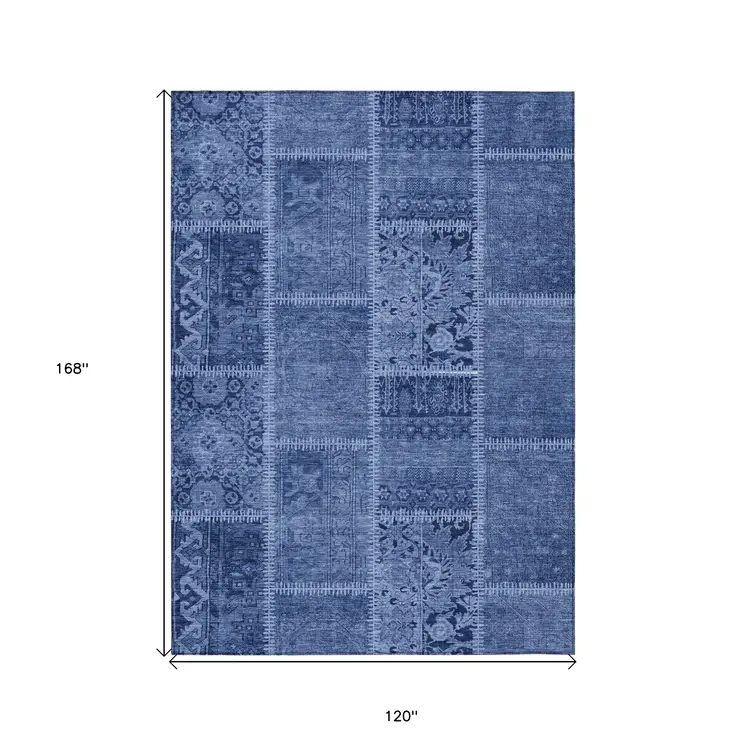10' X 14' Navy Blue And Denim Blue Patchwork Washable Indoor Outdoor Area Rug