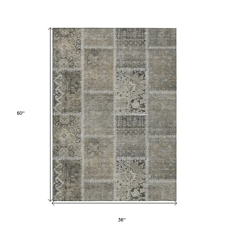 3' X 5' Taupe Beige And Tan Patchwork Washable Indoor Outdoor Area Rug