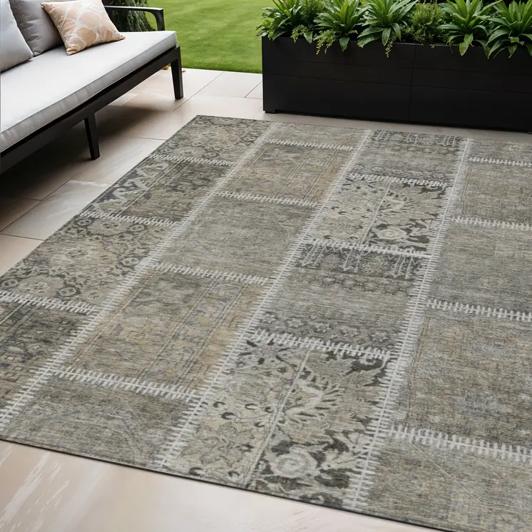 5' X 8' Taupe Beige And Tan Patchwork Washable Indoor Outdoor Area Rug
