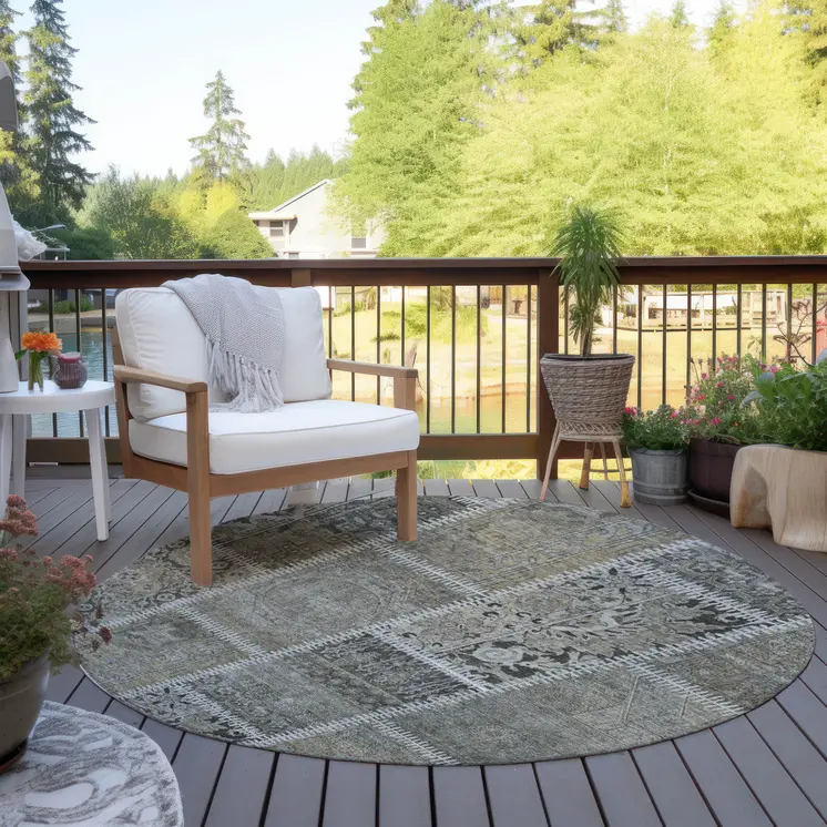 8' Taupe Beige And Tan Round Patchwork Washable Indoor Outdoor Area Rug