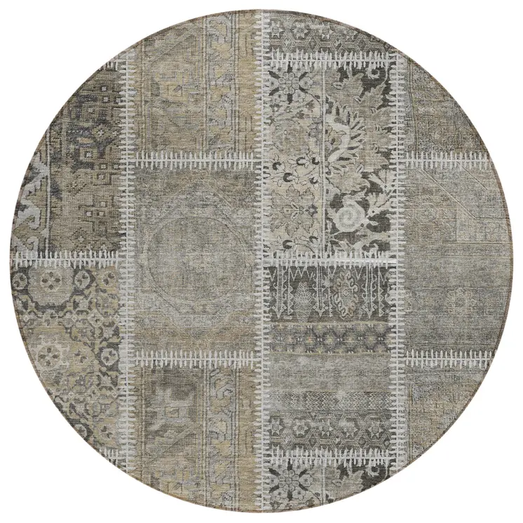 8' Taupe Beige And Tan Round Patchwork Washable Indoor Outdoor Area Rug