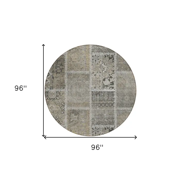 8' Taupe Beige And Tan Round Patchwork Washable Indoor Outdoor Area Rug