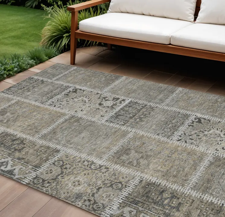 8' X 10' Taupe Beige And Tan Patchwork Washable Indoor Outdoor Area Rug