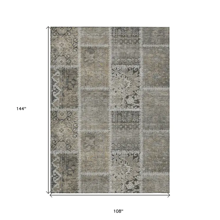 9' X 12' Taupe Beige And Tan Patchwork Washable Indoor Outdoor Area Rug