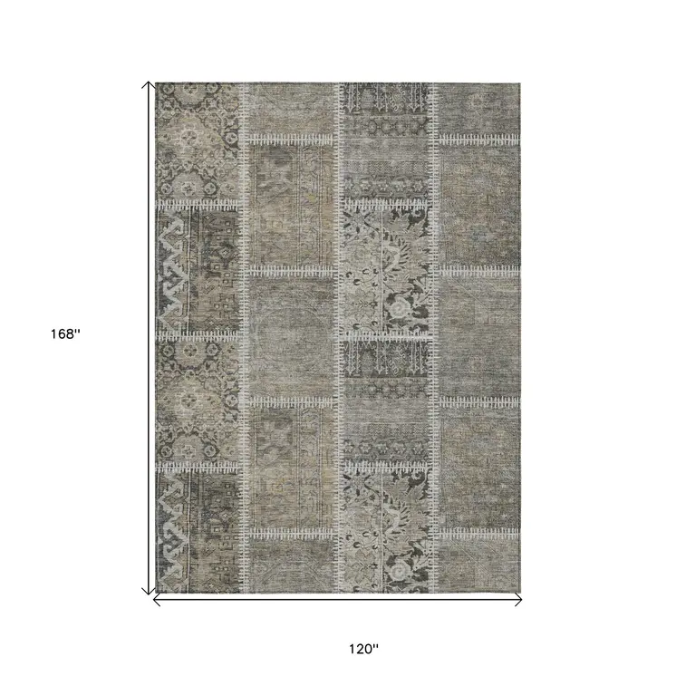 10' X 14' Taupe Beige And Tan Patchwork Washable Indoor Outdoor Area Rug