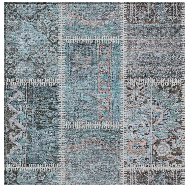 3' X 5' Teal Blue Aqua And Beige Patchwork Washable Indoor Outdoor Area Rug