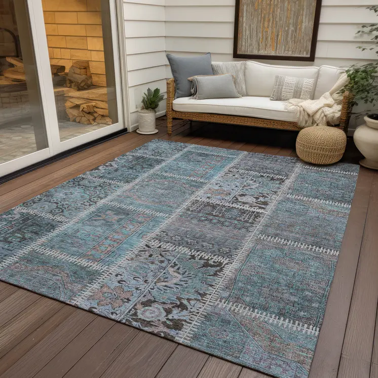 5' X 8' Teal Blue Aqua And Beige Patchwork Washable Indoor Outdoor Area Rug