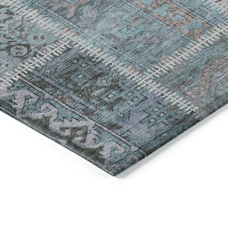 5' X 8' Teal Blue Aqua And Beige Patchwork Washable Indoor Outdoor Area Rug