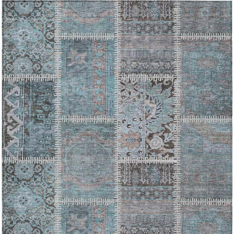 5' X 8' Teal Blue Aqua And Beige Patchwork Washable Indoor Outdoor Area Rug