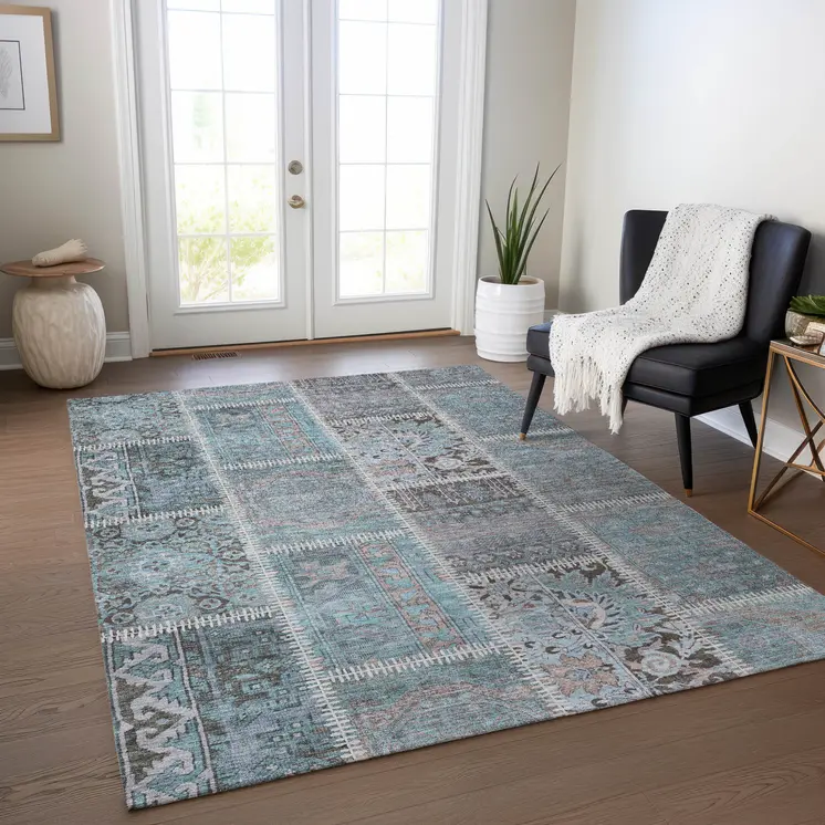 5' X 8' Teal Blue Aqua And Beige Patchwork Washable Indoor Outdoor Area Rug