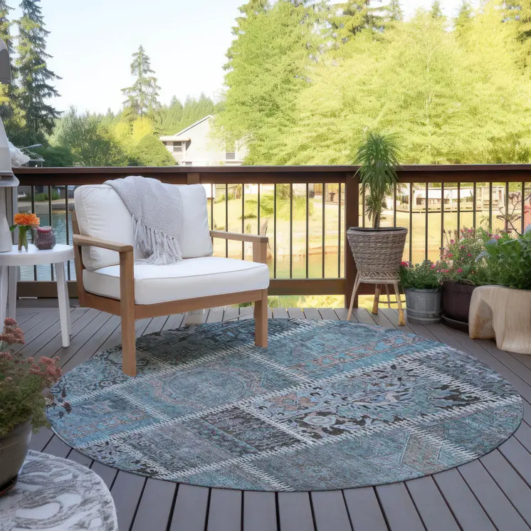 8' Teal Blue Aqua And Beige Round Patchwork Washable Indoor Outdoor Area Rug