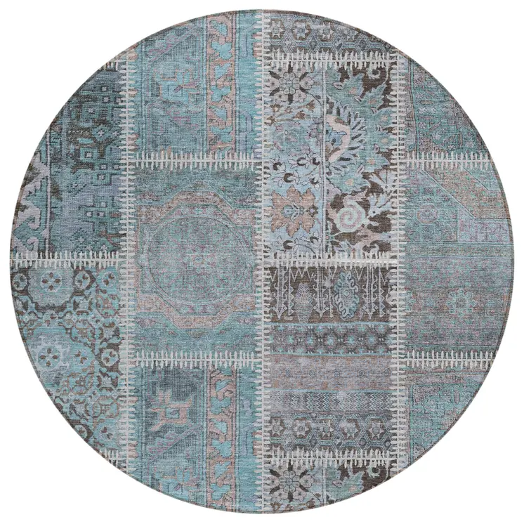 8' Teal Blue Aqua And Beige Round Patchwork Washable Indoor Outdoor Area Rug
