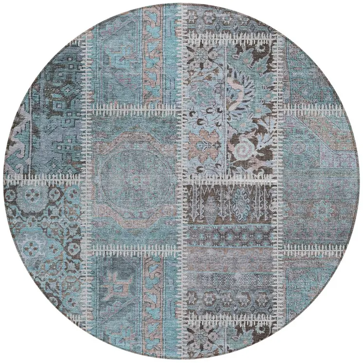8' Teal Blue Aqua And Beige Round Patchwork Washable Indoor Outdoor Area Rug