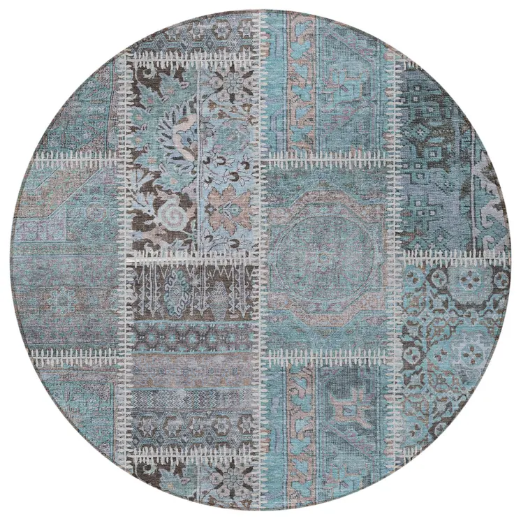 8' Teal Blue Aqua And Beige Round Patchwork Washable Indoor Outdoor Area Rug