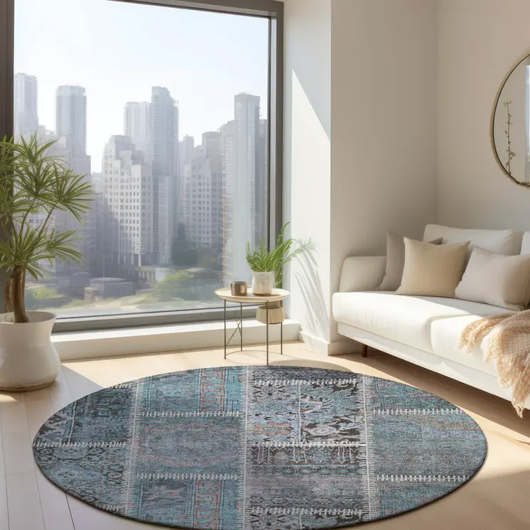 8' Teal Blue Aqua And Beige Round Patchwork Washable Indoor Outdoor Area Rug