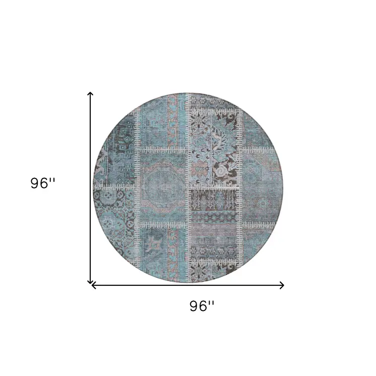 8' Teal Blue Aqua And Beige Round Patchwork Washable Indoor Outdoor Area Rug