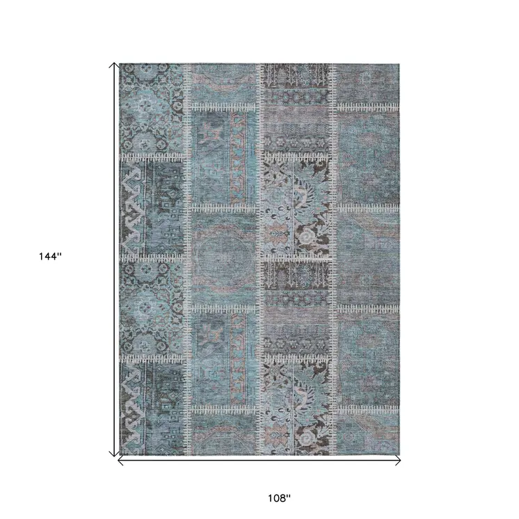 9' X 12' Teal Blue Aqua And Beige Patchwork Washable Indoor Outdoor Area Rug