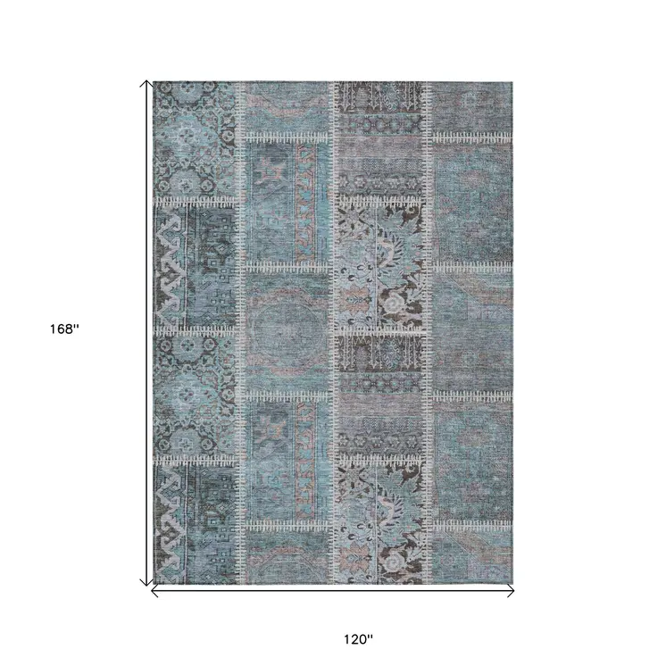 10' X 14' Teal Blue Aqua And Beige Patchwork Washable Indoor Outdoor Area Rug