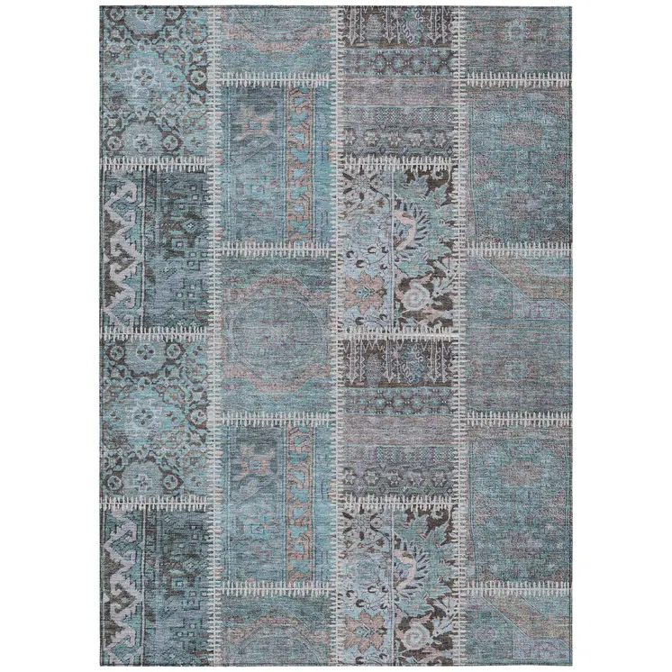 10' X 14' Teal Blue Aqua And Beige Patchwork Washable Indoor Outdoor Area Rug