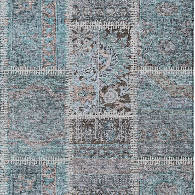 10' X 14' Teal Blue Aqua And Beige Patchwork Washable Indoor Outdoor Area Rug